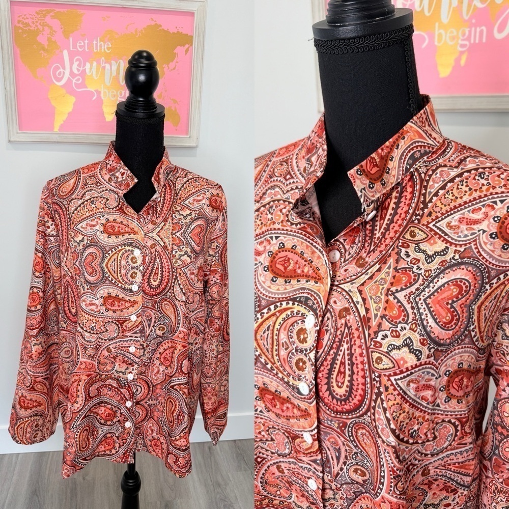 Multi Print Women’s Long Sleeve Orange and Brown Button Up (XL)